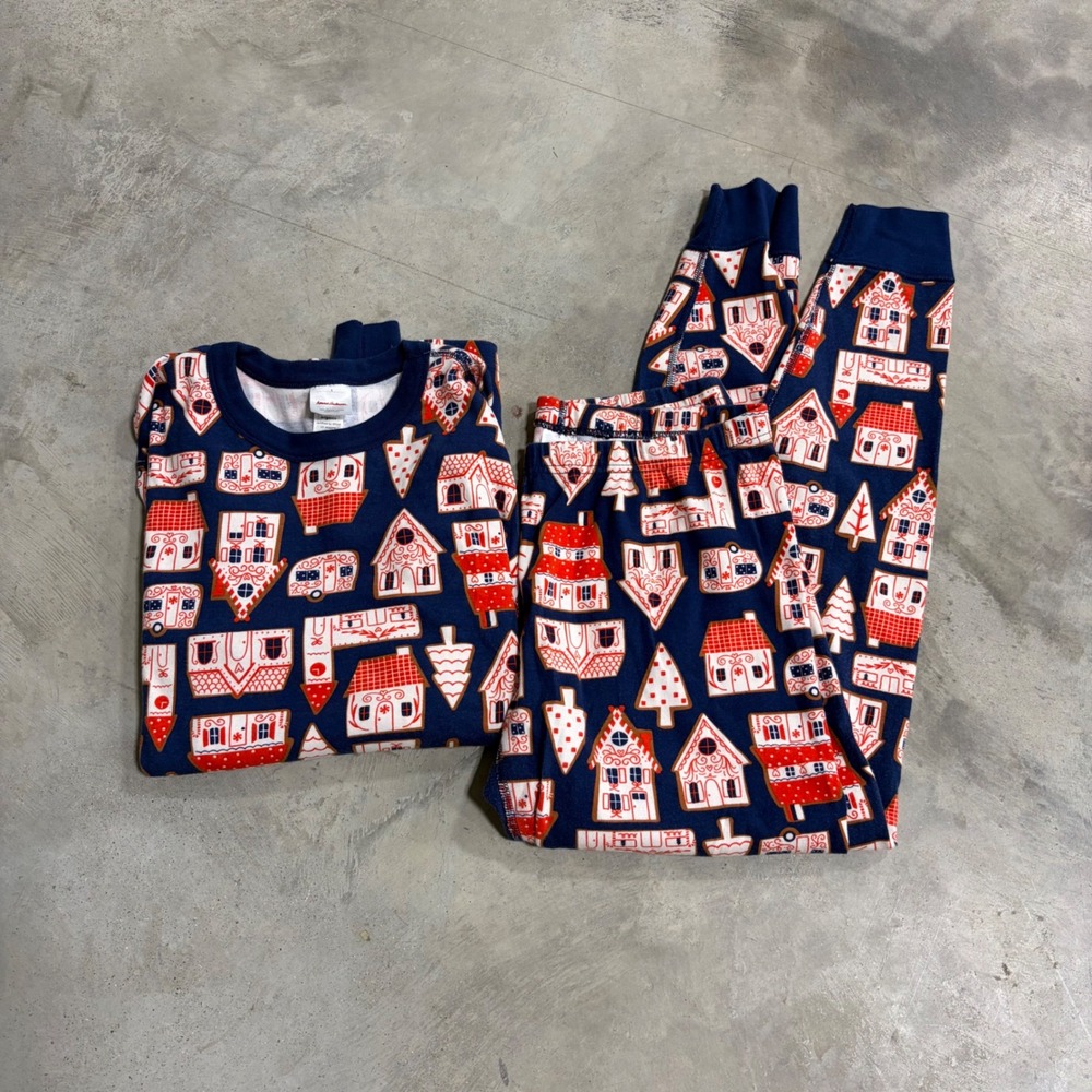 Hanna Andersson Navy Gingerbread House Organic Cotton Pajama Set Large FWH22